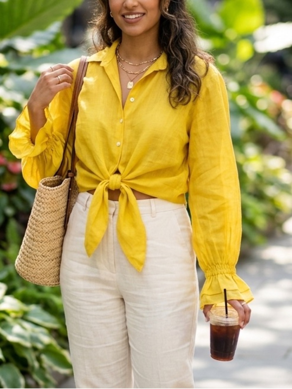 ZARA Ramie Crop Button Down Shirt Long Sleeve Tie Sunflower Yellow XS